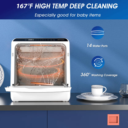 Portable Countertop Dishwasher with 5-Liter Built-In Water Tank and Air-Dry Function, 5 Washing Programs Mini Dishwasher, AE-TDQR03